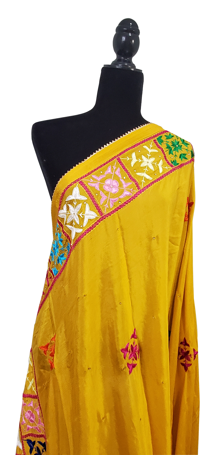 Mustard Yellow Pure Chinon Phulkari Duppatta Thread Stone and Hand Work Done