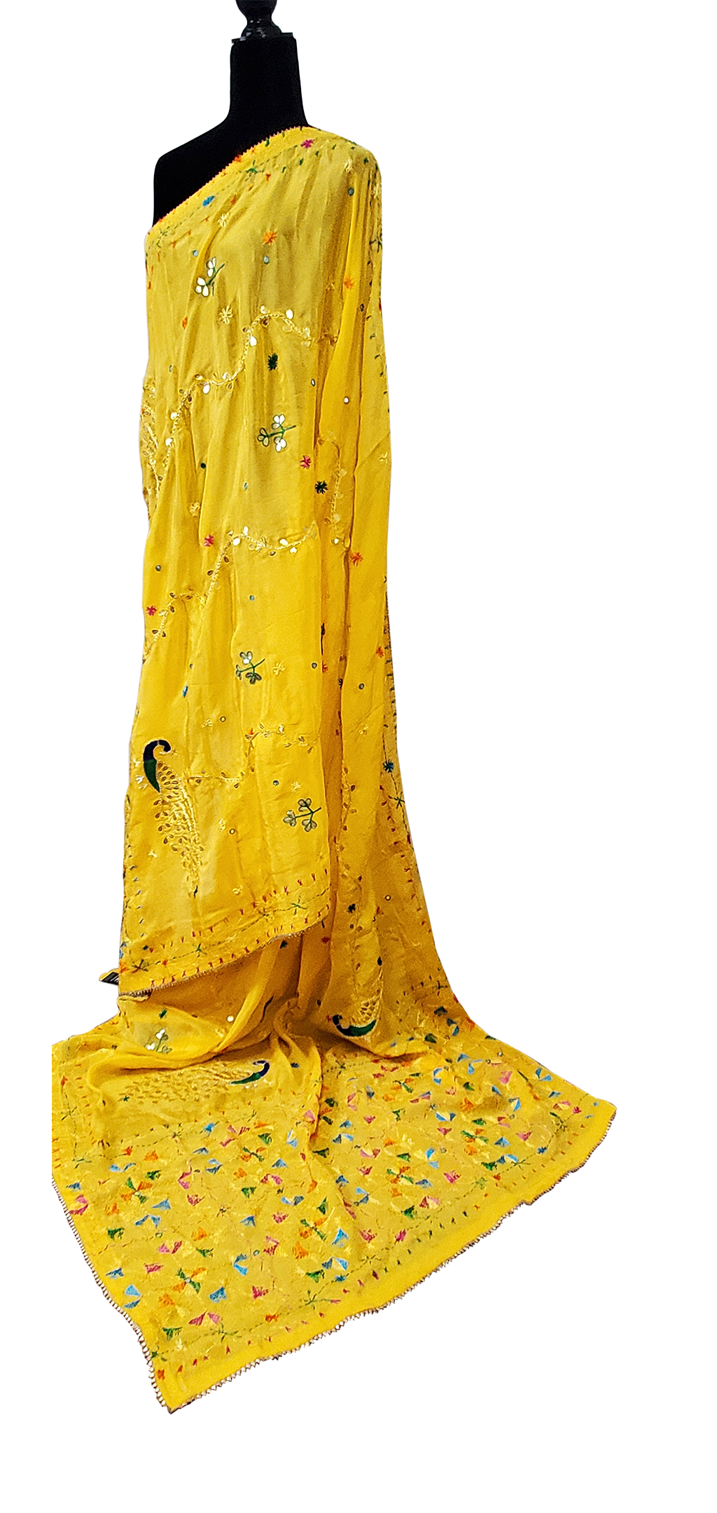 Yellow Semi Chinon Phulkari Duppatta Dabka, Gotta Patti, Mirror, Sitara Thread and Hand Work Done