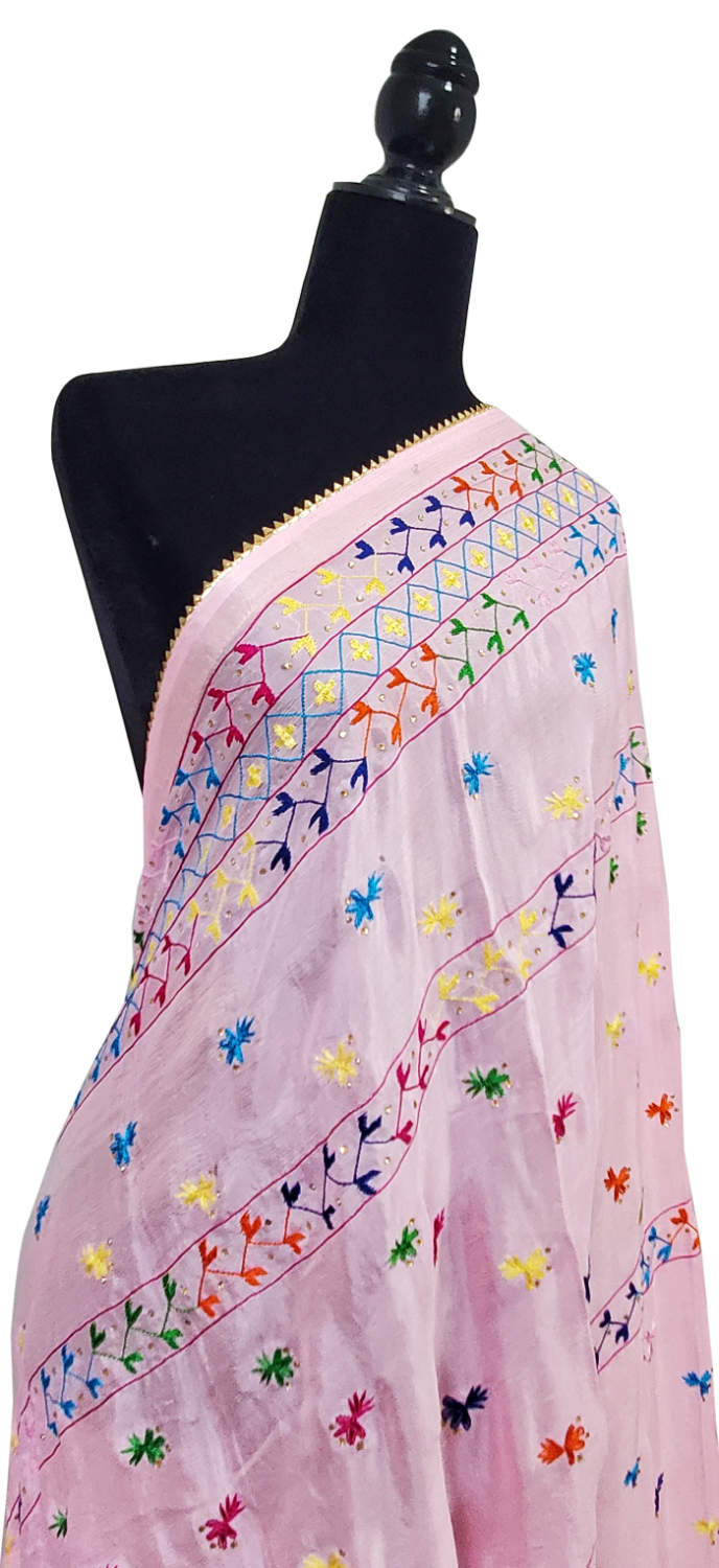 Light Pink Pure Chinon Phulkari Duppatta, Thread, Stone and Handwork Done