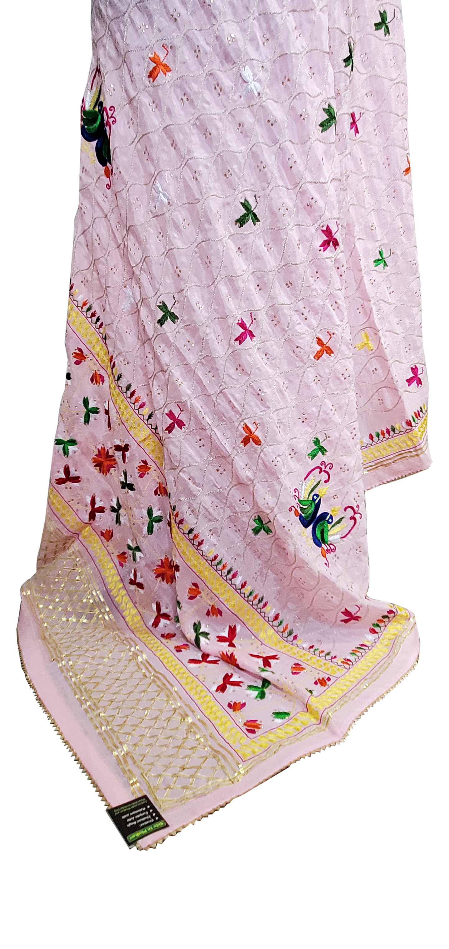 Light Pink Pure Chinon Phulkari Duppatta Handwork Silk, Thread, Stone and Gotta Lining Done