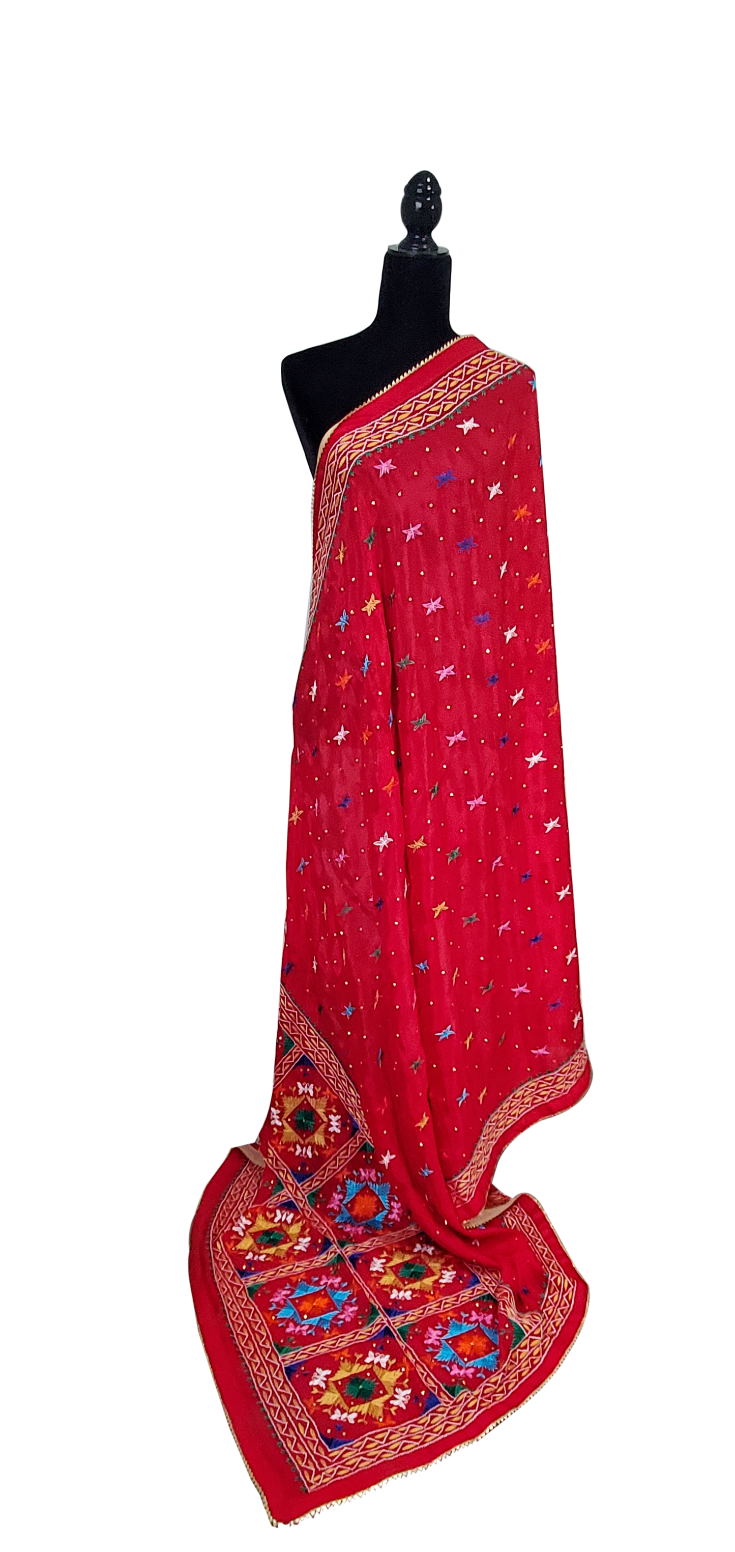 Dark Red Pure Chinon Phulkari Duppatta, Thread and Stone Handwork Done