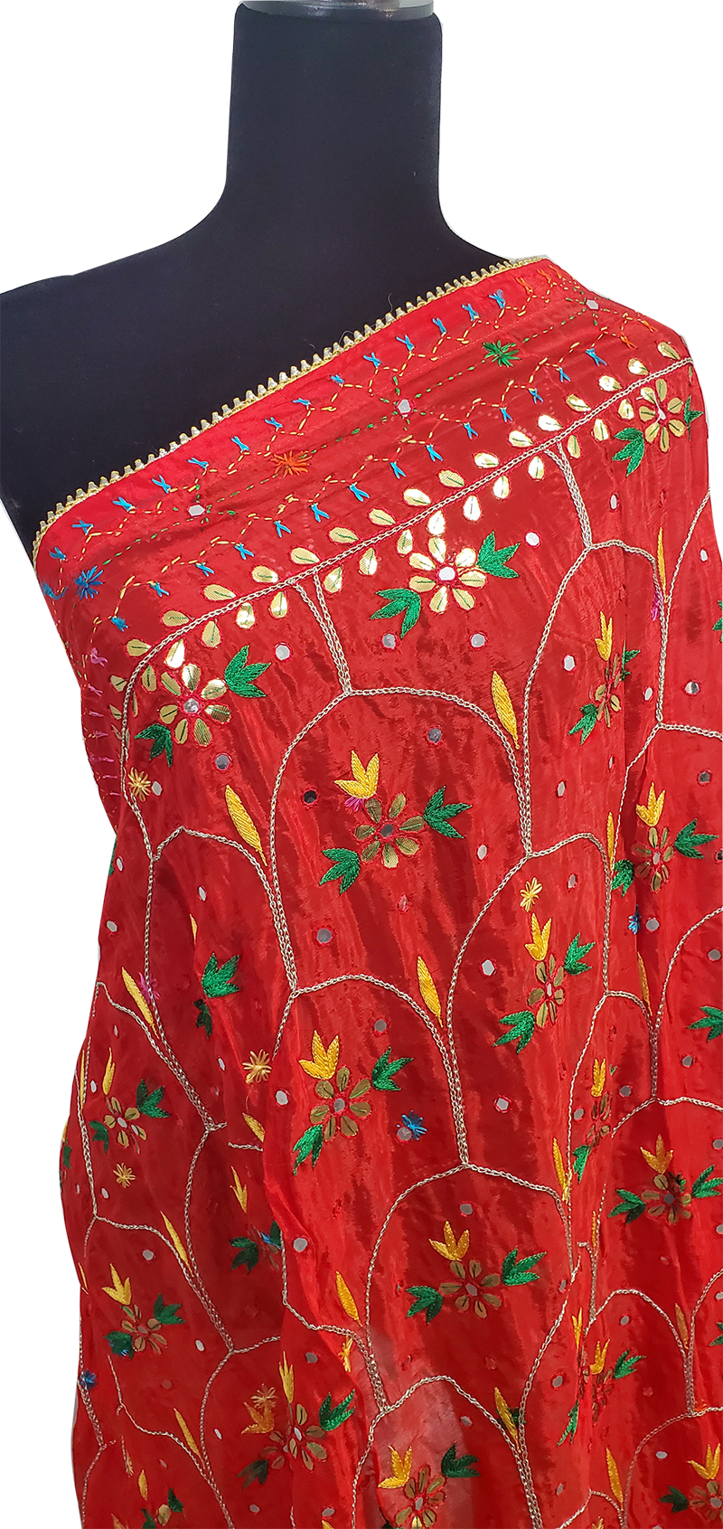 Red Semi Chinon Duppatta Mirror, Sitara, Gotta Patti, Silk and Thread Work Done