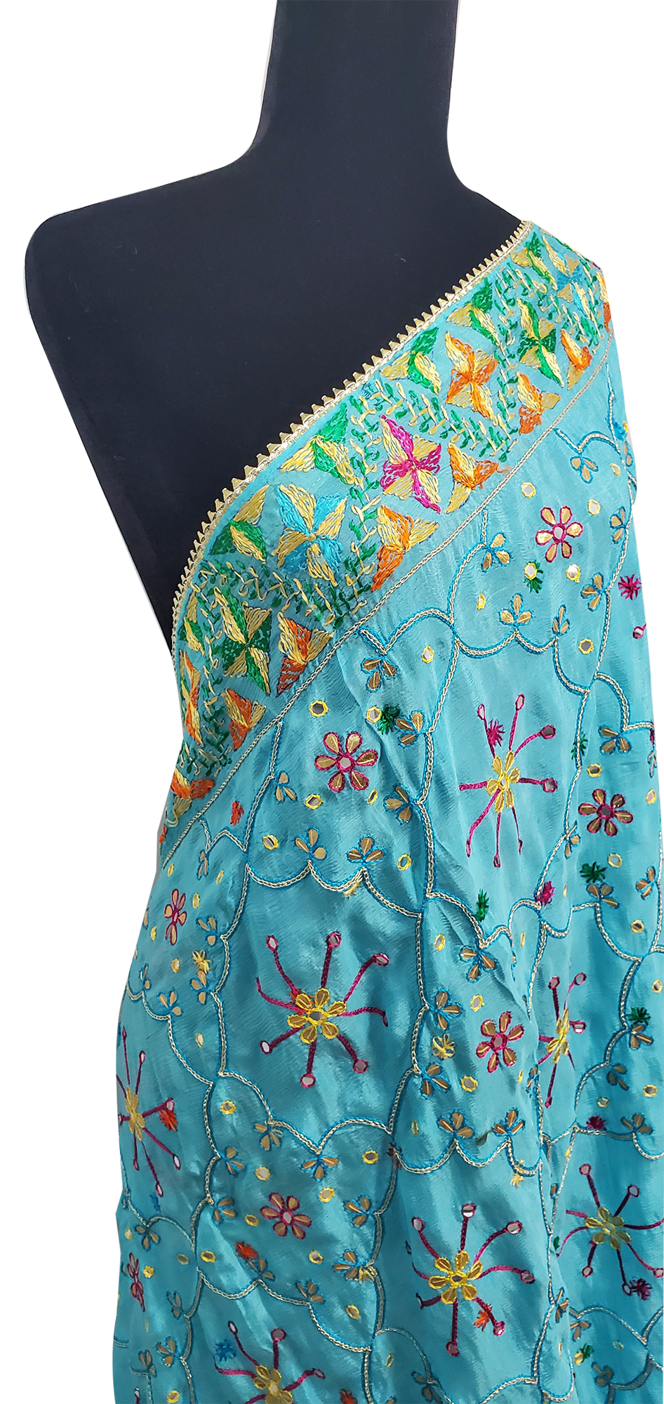 Turquoise Blue Pure Chinon Duppatta Mirror, Sitara, Gotta Patti, Silk and Thread Work Done