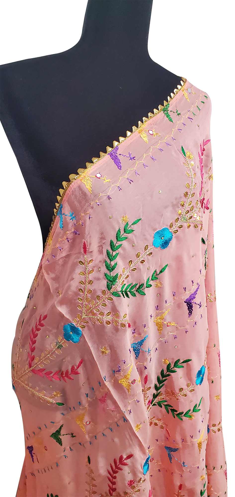 Peach Semi Chinon Duppatta Silk, Gotta Patti, Thread Work Done