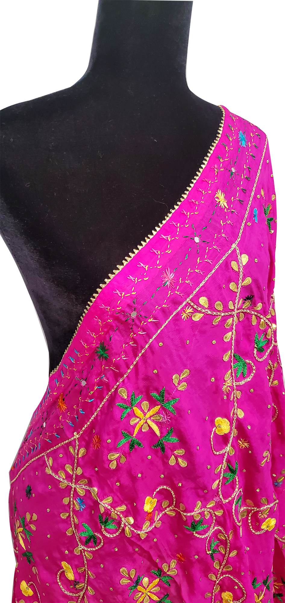 Hot Pink Pure Chinon Duppatta Silk, Gotta Patti, and Thread Work Done