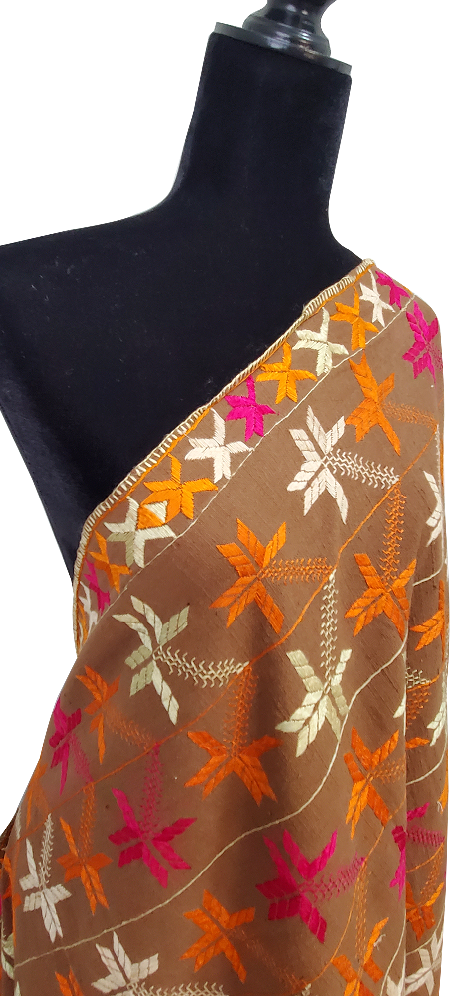 Soil Brown Bagh Phulkari Antique Handmade Khaddar Floral Thread Work