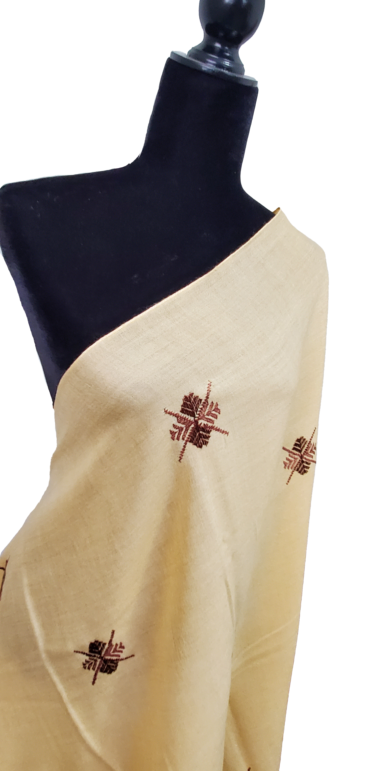 Golden Shawl with Brown Floral Design Thread Work done