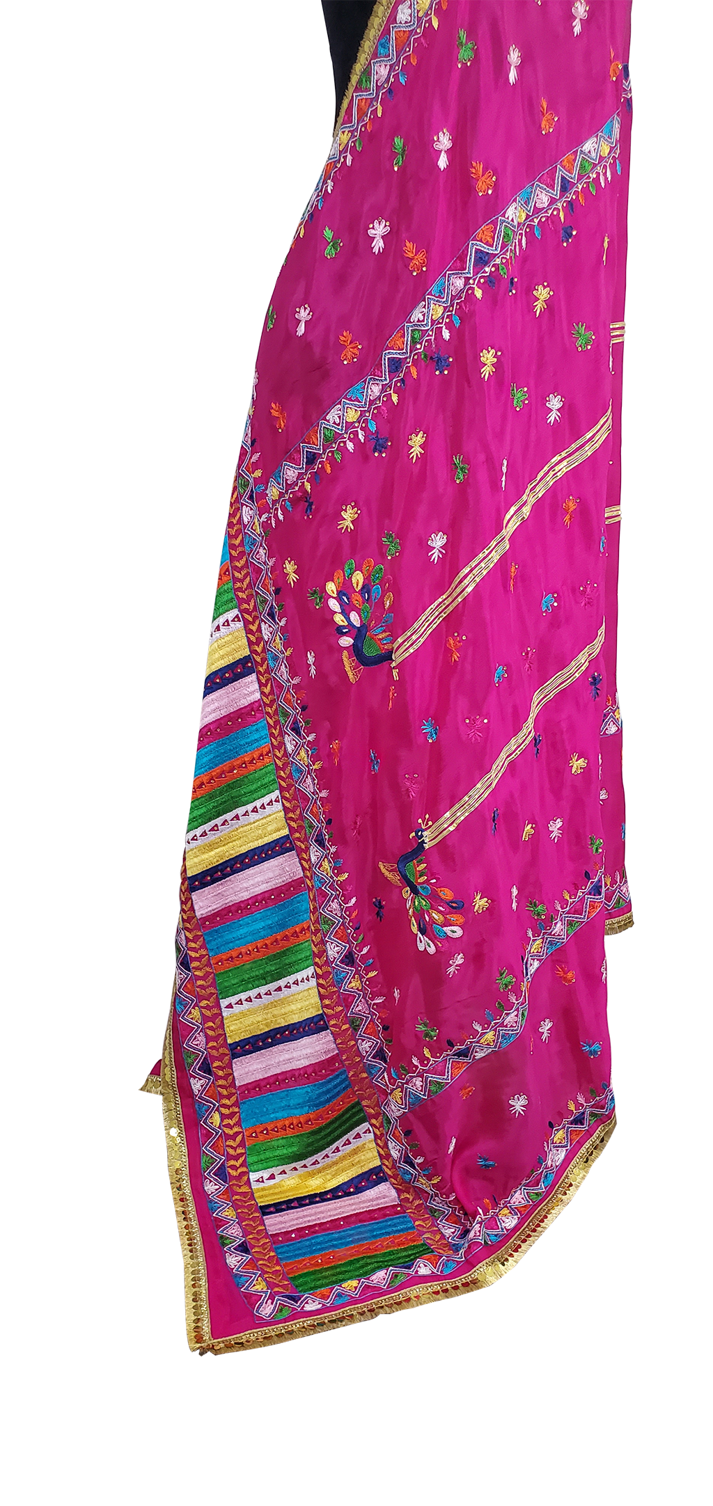 Hot Pink Pure Chinon Phulkari Duppatta Thread, Stone, Sitara, Gotta Lining Handwork Done