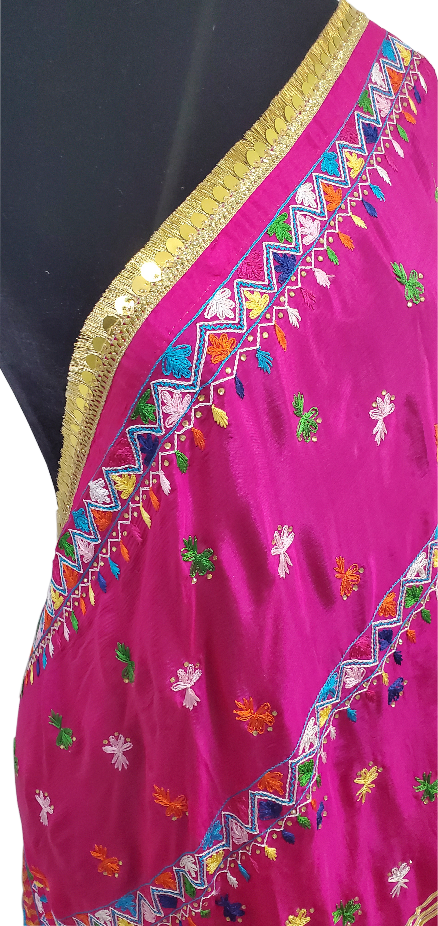 Hot Pink Pure Chinon Phulkari Duppatta Thread, Stone, Sitara, Gotta Lining Handwork Done