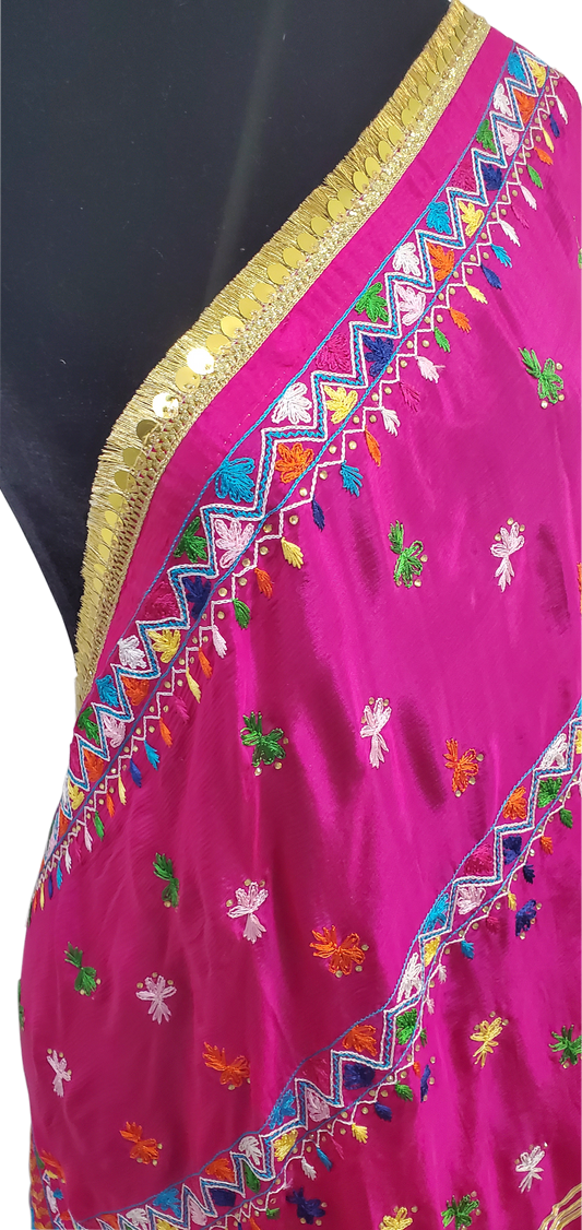Hot Pink Pure Chinon Phulkari Duppatta Thread, Stone, Sitara, Gotta Lining Handwork Done
