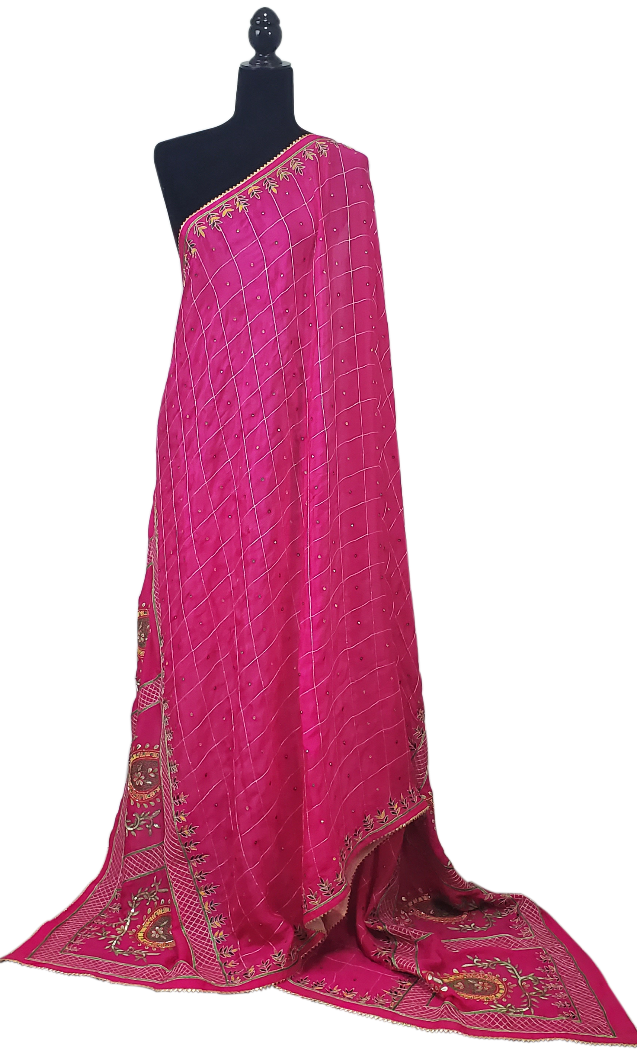 Hot Pink Pure Chinon Phulkari Duppatta, Silk, Sitara, Gotta Patti, Mirror Thread Work