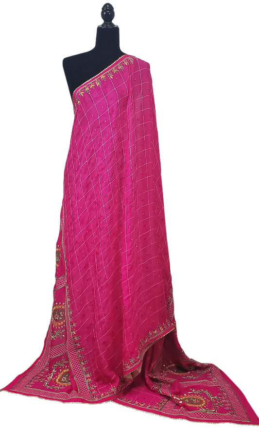 Hot Pink Pure Chinon Phulkari Duppatta, Silk, Sitara, Gotta Patti, Mirror Thread Work