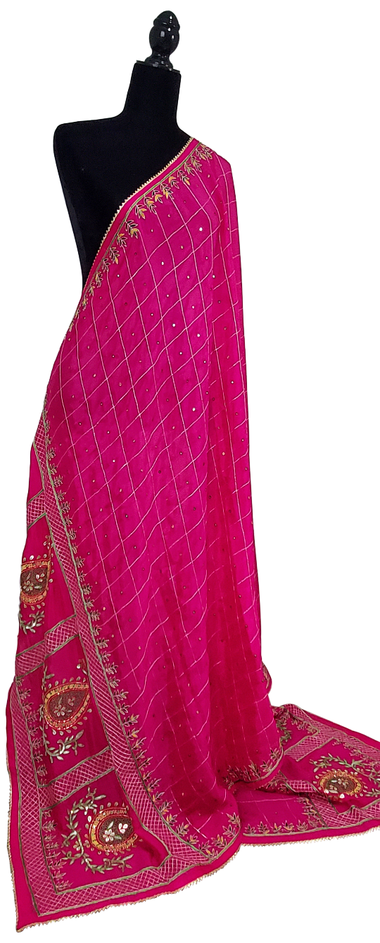 Hot Pink Pure Chinon Phulkari Duppatta, Silk, Sitara, Gotta Patti, Mirror Thread Work
