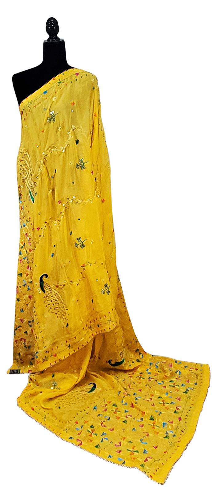 Yellow Semi Chinon Phulkari Duppatta Dabka, Gotta Patti, Mirror, Sitara Thread and Hand Work Done
