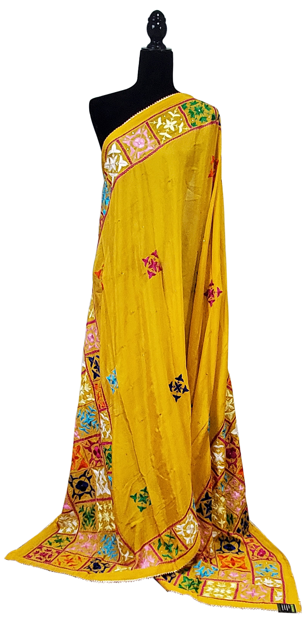 Mustard Yellow Pure Chinon Phulkari Duppatta Thread Stone and Hand Work Done