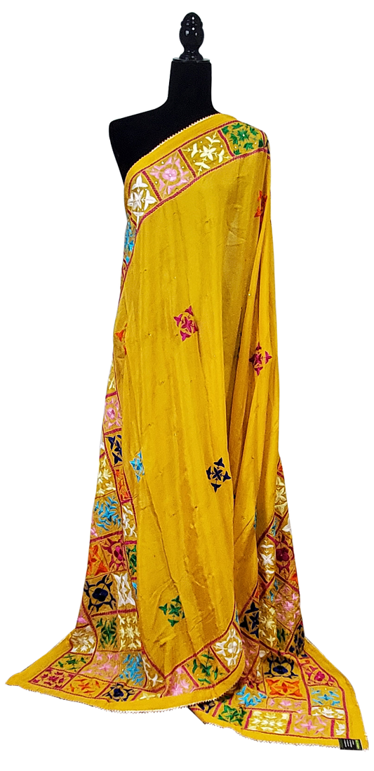 Mustard Yellow Pure Chinon Phulkari Duppatta Thread Stone and Hand Work Done