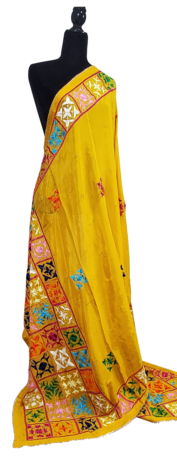 Mustard Yellow Pure Chinon Phulkari Duppatta Thread Stone and Hand Work Done