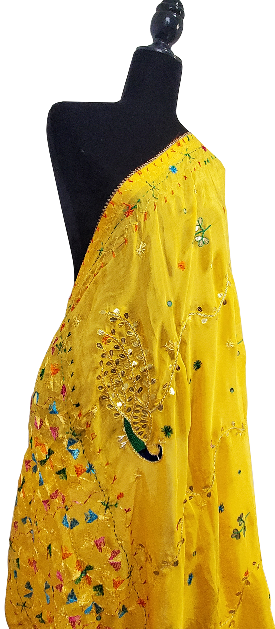Yellow Semi Chinon Phulkari Duppatta Dabka, Gotta Patti, Mirror, Sitara Thread and Hand Work Done