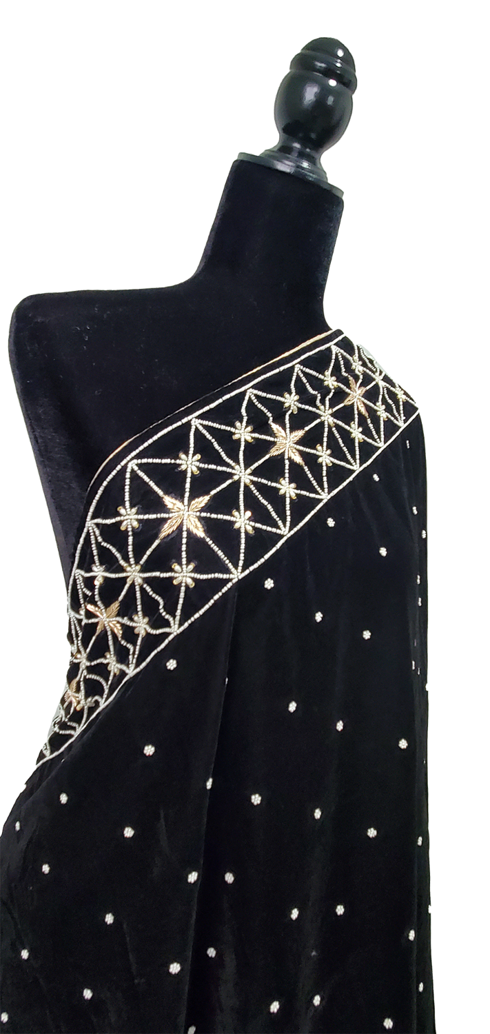 Black Micro Velvet Shawl Dabka Handmade