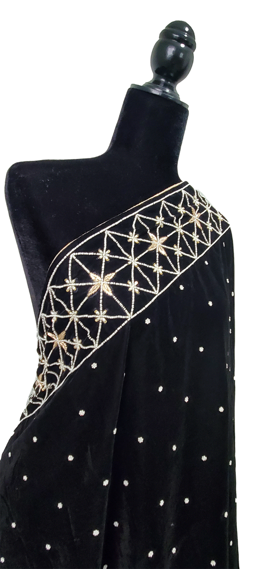 Black Micro Velvet Shawl Dabka Handmade