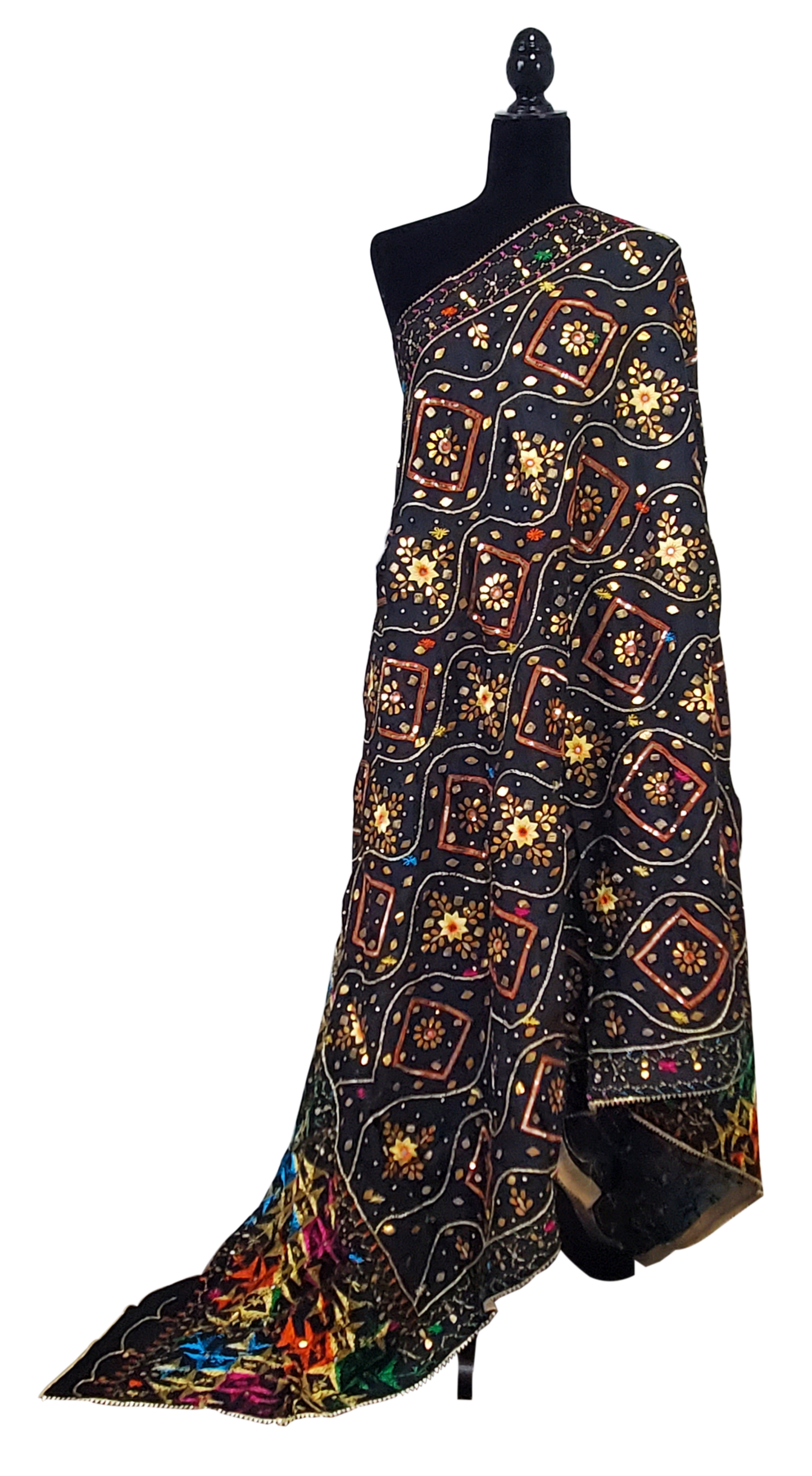 Black Pure Chinon Phulkari Duppatta Gotta Patti, Dabka, Silk, Thread, Sitara Mirror, Handwork Done
