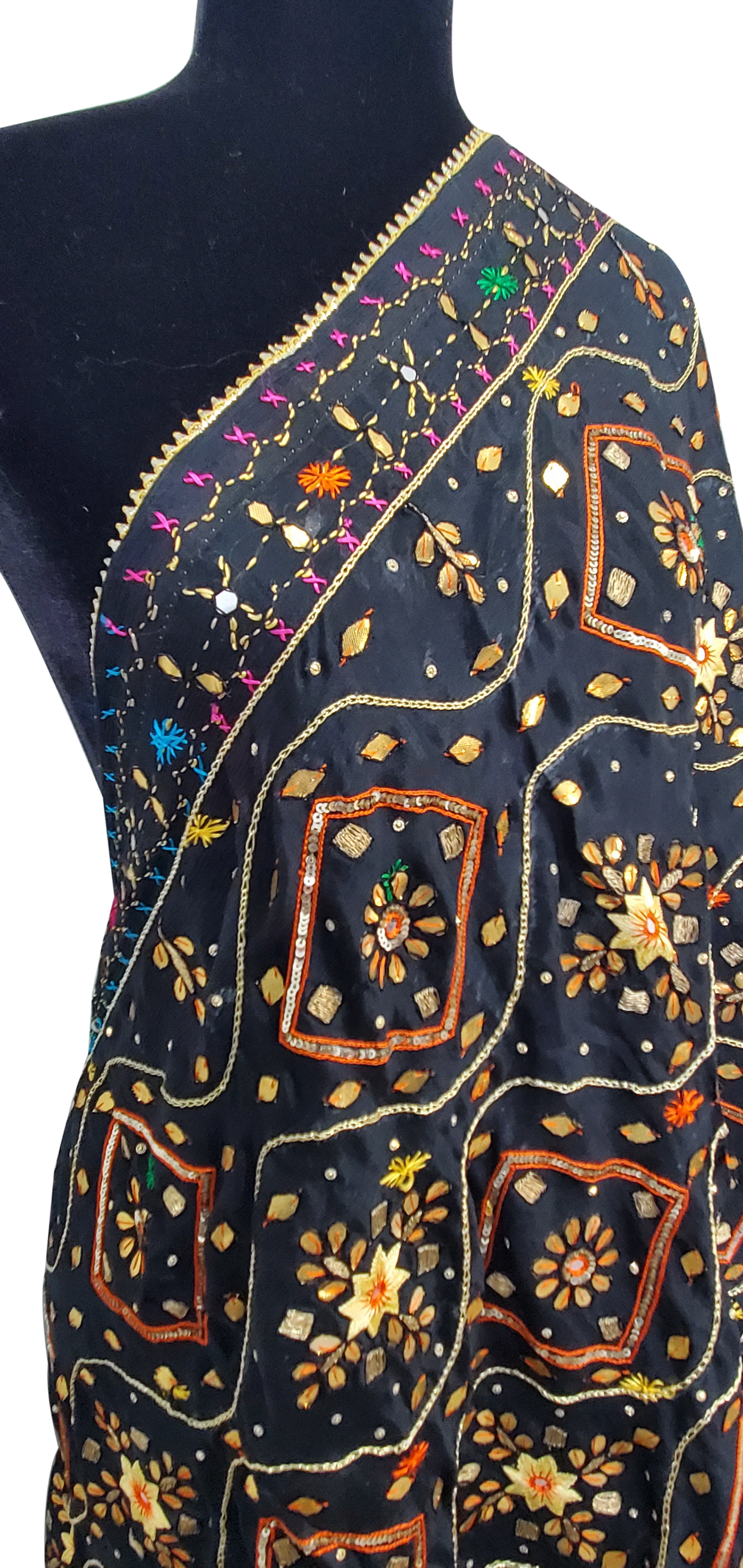 Black Pure Chinon Phulkari Duppatta Gotta Patti, Dabka, Silk, Thread, Sitara Mirror, Handwork Done