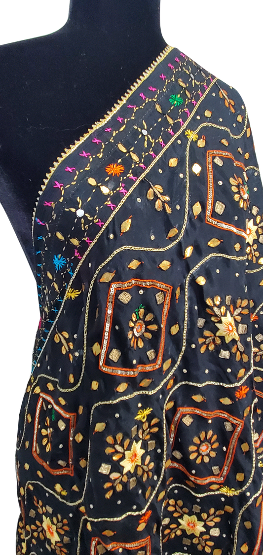 Black Pure Chinon Phulkari Duppatta Gotta Patti, Dabka, Silk, Thread, Sitara Mirror, Handwork Done