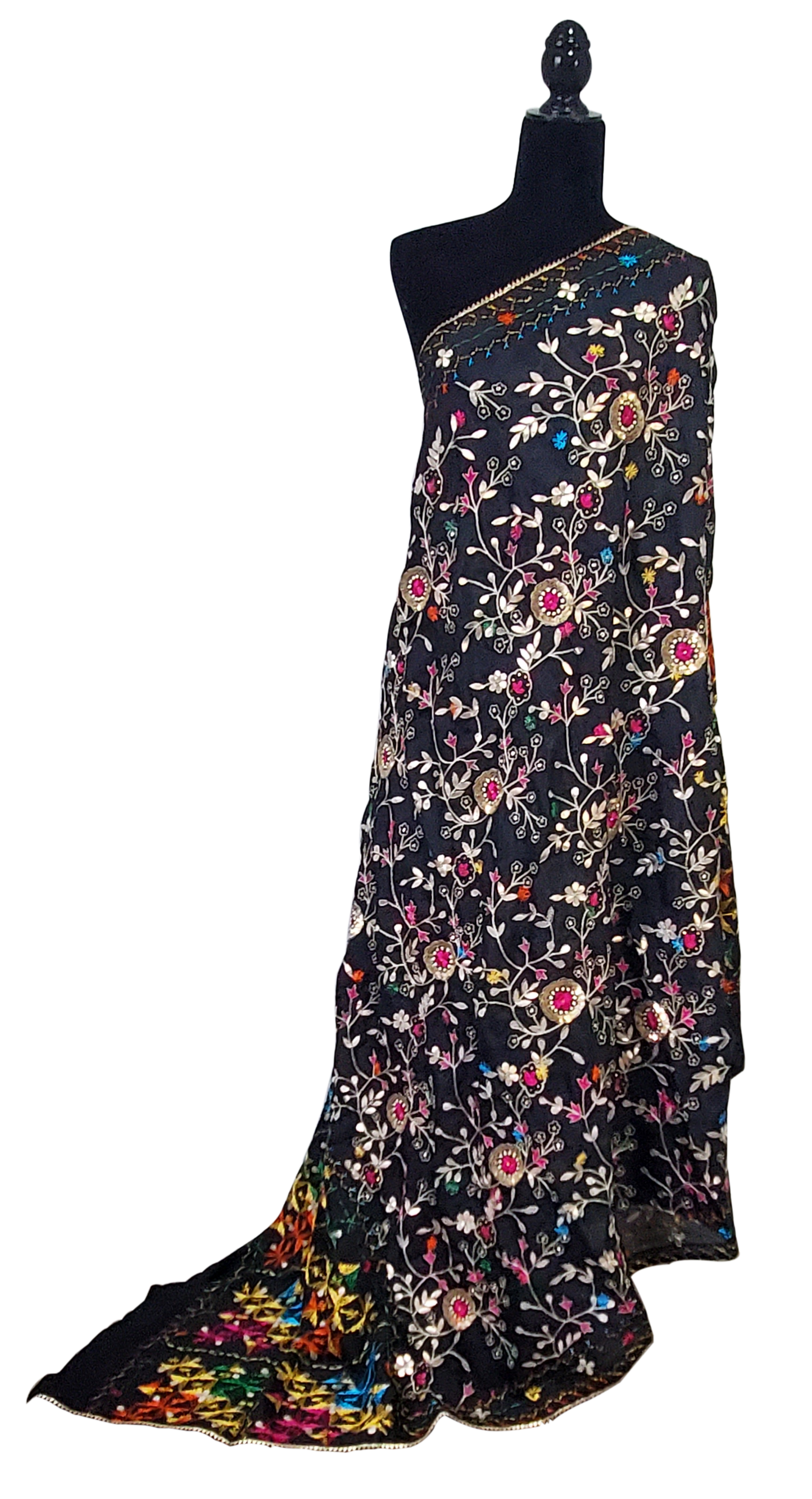 Black Pure Chinon Phulkari Duppatta, Gotta Patti, Sitara Mirror, Beads, Dabka, Handwork Done