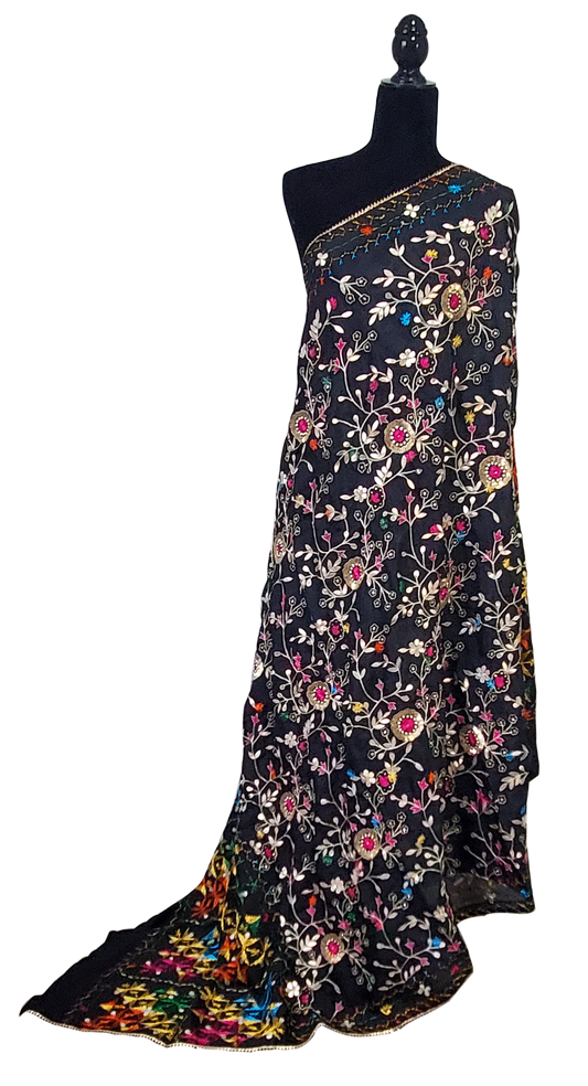 Black Pure Chinon Phulkari Duppatta, Gotta Patti, Sitara Mirror, Beads, Dabka, Handwork Done
