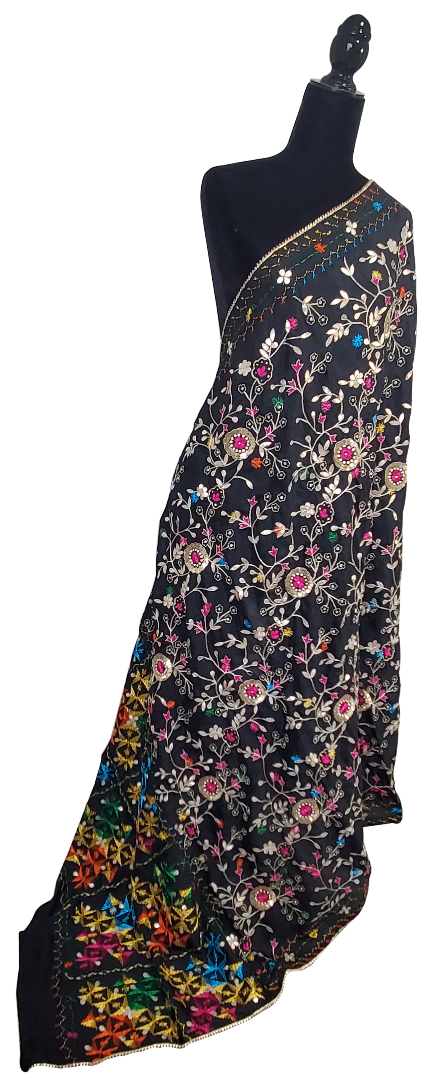 Black Pure Chinon Phulkari Duppatta, Gotta Patti, Sitara Mirror, Beads, Dabka, Handwork Done