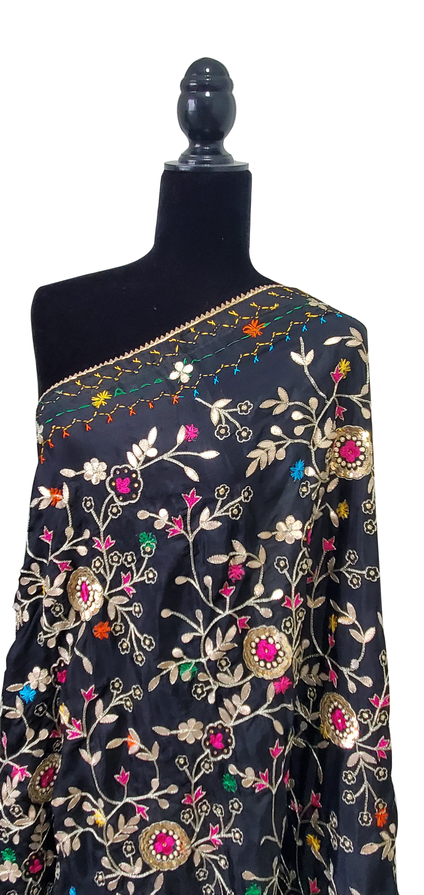 Black Pure Chinon Phulkari Duppatta, Gotta Patti, Sitara Mirror, Beads, Dabka, Handwork Done