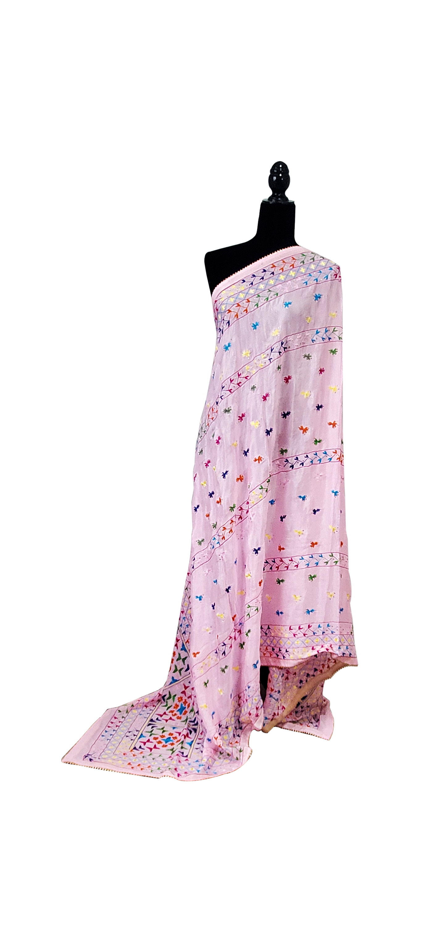 Light Pink Pure Chinon Phulkari Duppatta, Thread, Stone and Handwork Done