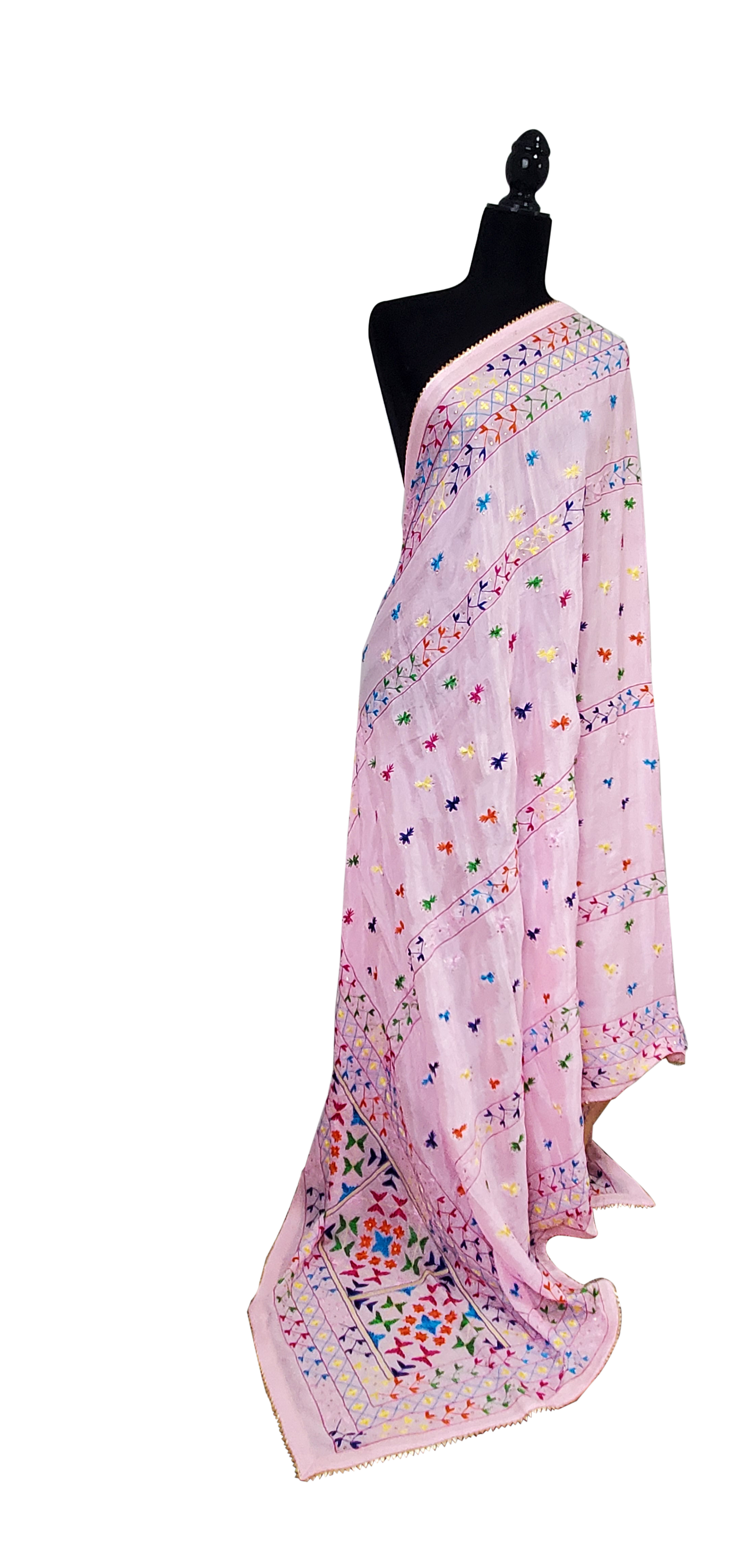 Light Pink Pure Chinon Phulkari Duppatta, Thread, Stone and Handwork Done
