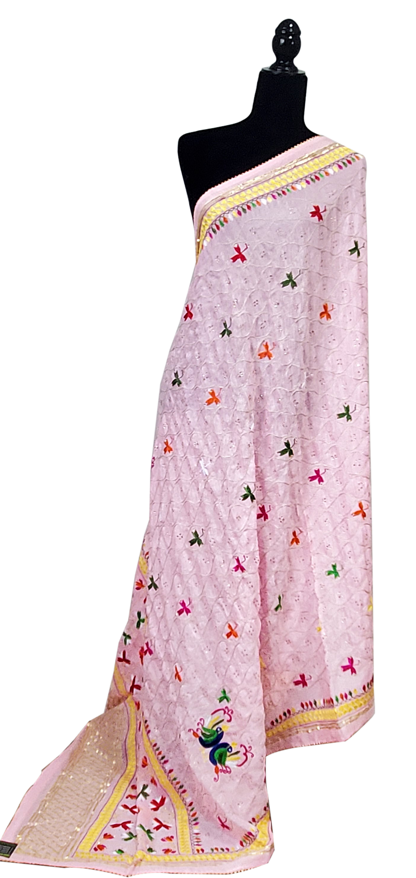 Light Pink Pure Chinon Phulkari Duppatta Handwork Silk, Thread, Stone and Gotta Lining Done