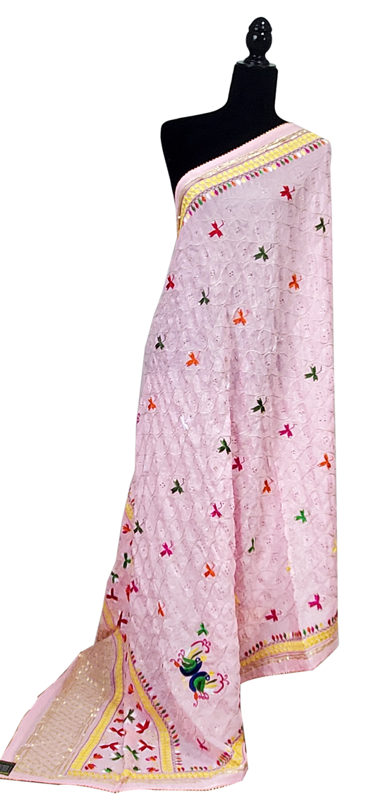 Light Pink Pure Chinon Phulkari Duppatta Handwork Silk, Thread, Stone and Gotta Lining Done