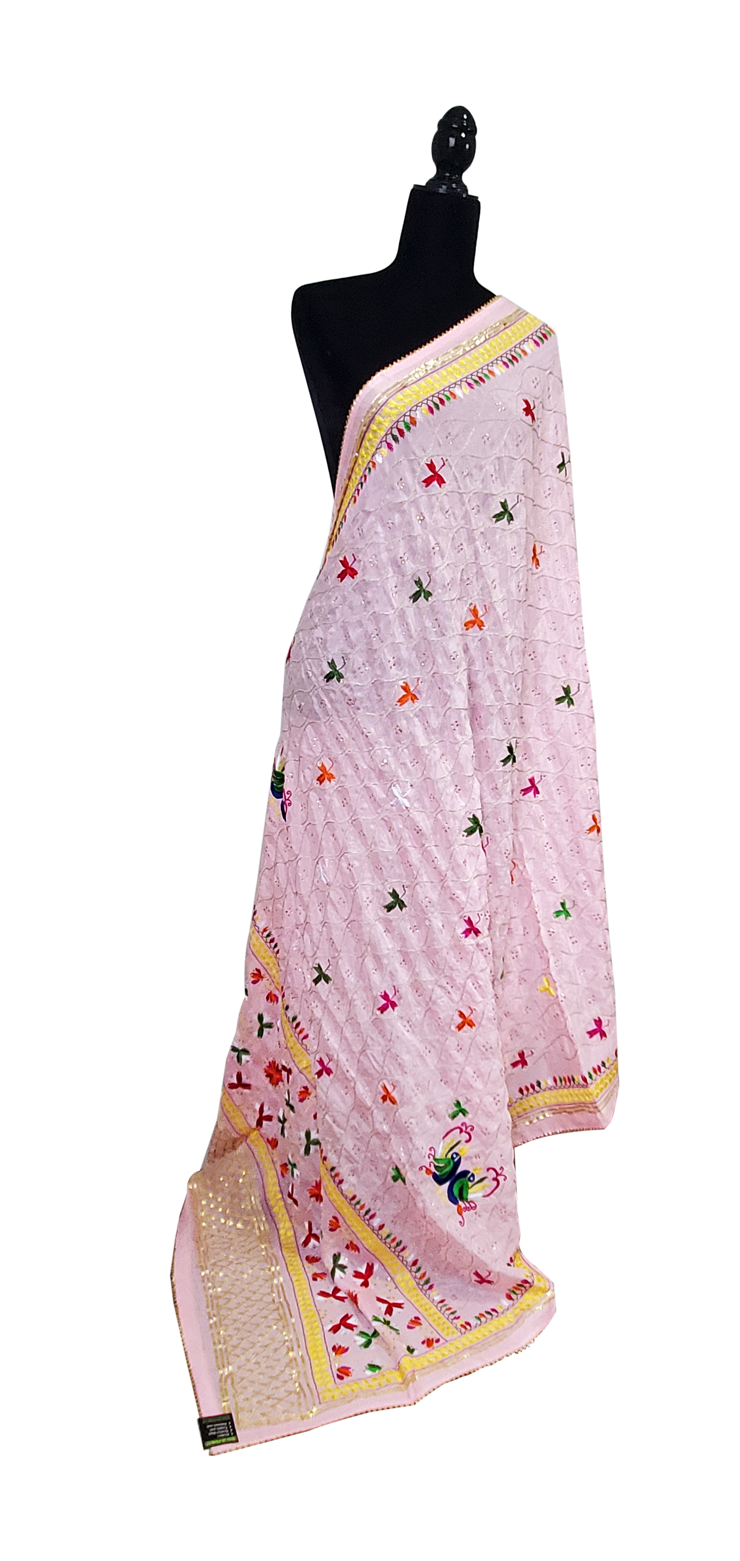 Light Pink Pure Chinon Phulkari Duppatta Handwork Silk, Thread, Stone and Gotta Lining Done