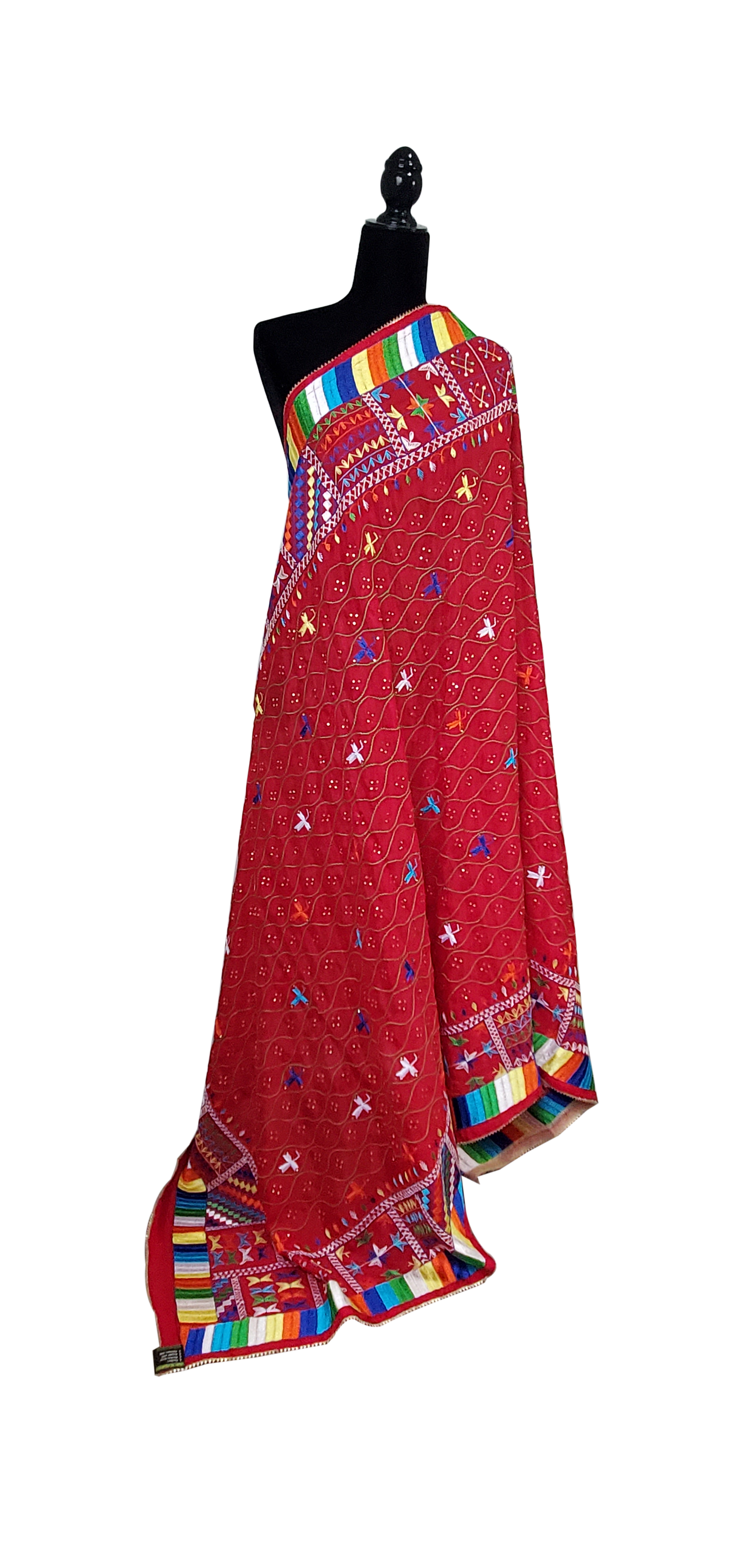 Dark Red Pure Chinon Phulkari Duppatta, Thread Mirror and Stone Handwork Done
