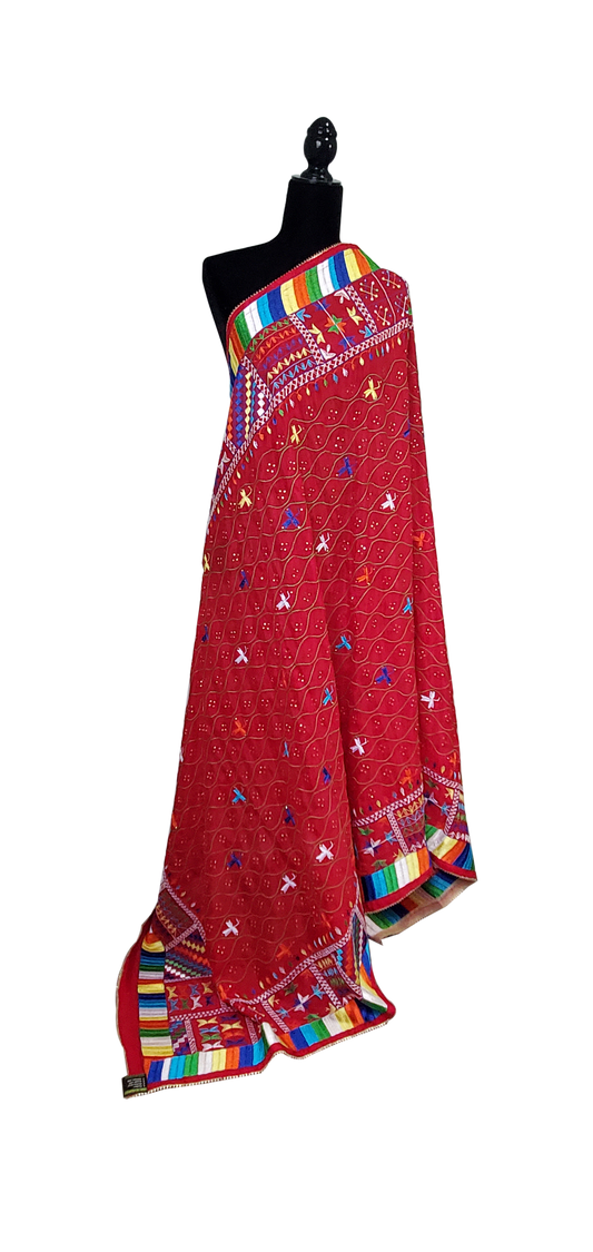 Dark Red Pure Chinon Phulkari Duppatta, Thread Mirror and Stone Handwork Done