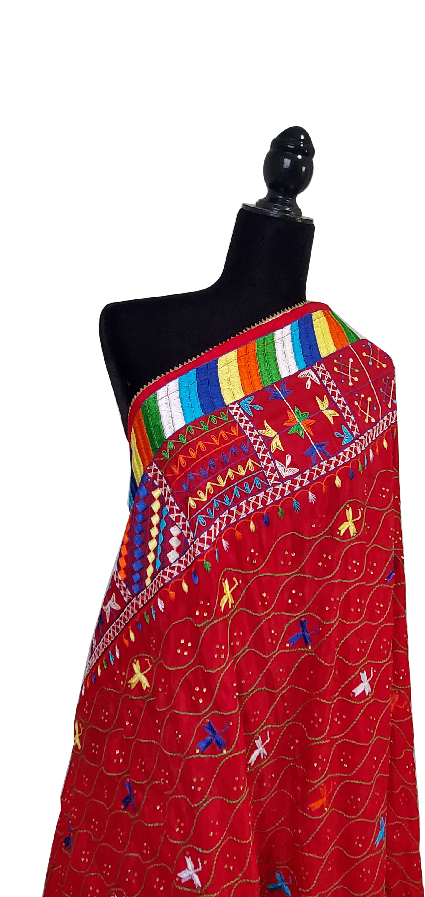 Dark Red Pure Chinon Phulkari Duppatta, Thread Mirror and Stone Handwork Done