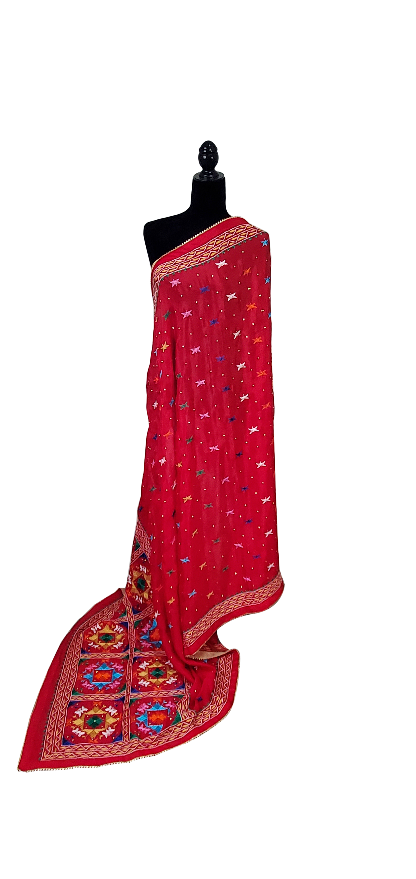 Dark Red Pure Chinon Phulkari Duppatta, Thread and Stone Handwork Done