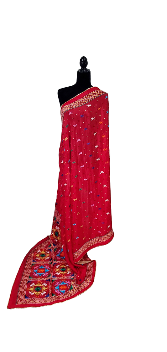 Dark Red Pure Chinon Phulkari Duppatta, Thread and Stone Handwork Done
