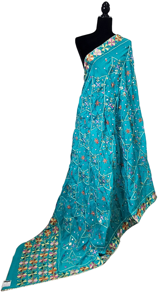 Sea Green Pure Chinon Phulkari Duppatta Silk, Sitara, Gotta Patti, Mirror and Thread Work.