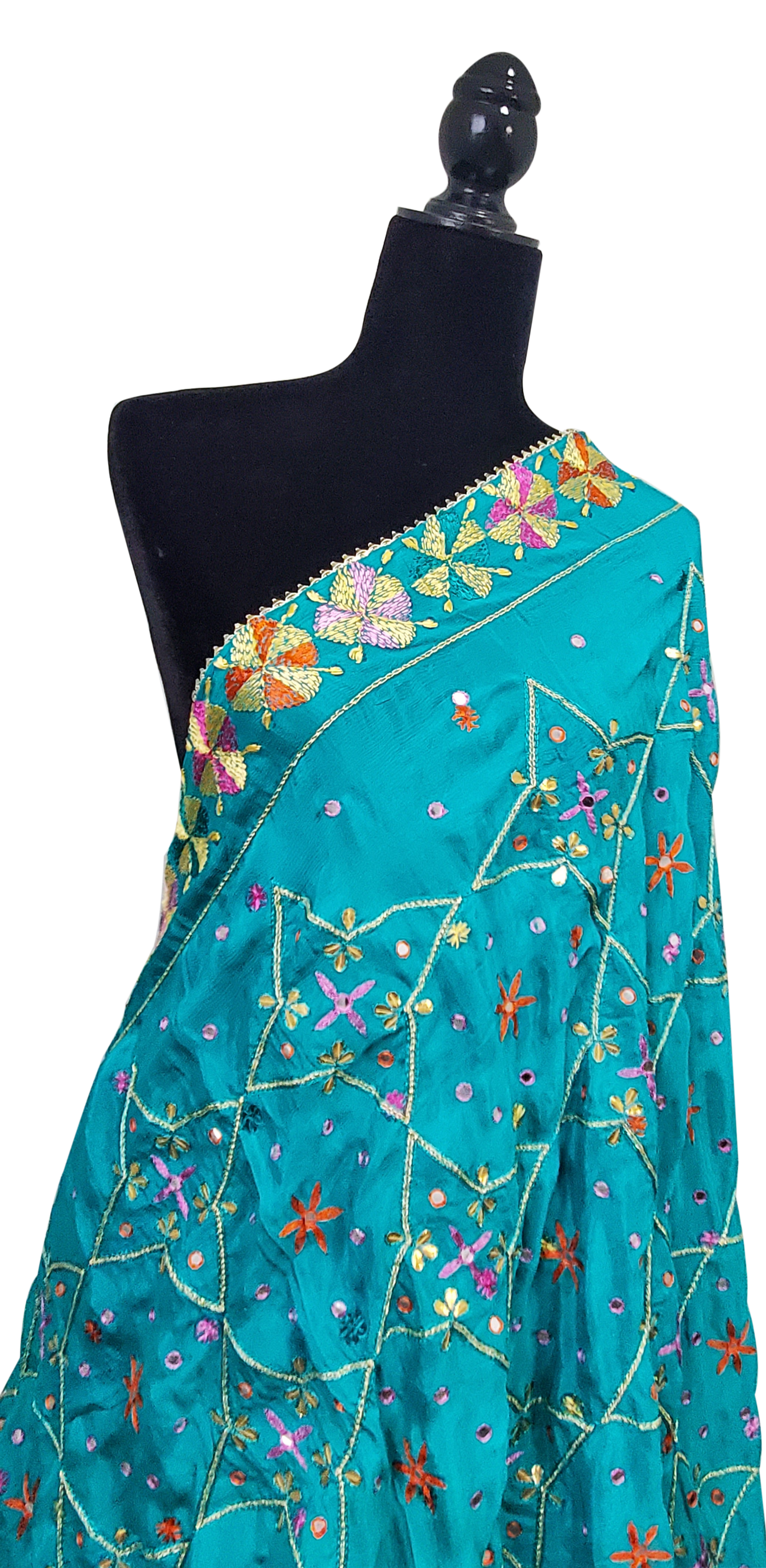 Sea Green Pure Chinon Phulkari Duppatta Silk, Sitara, Gotta Patti, Mirror and Thread Work.