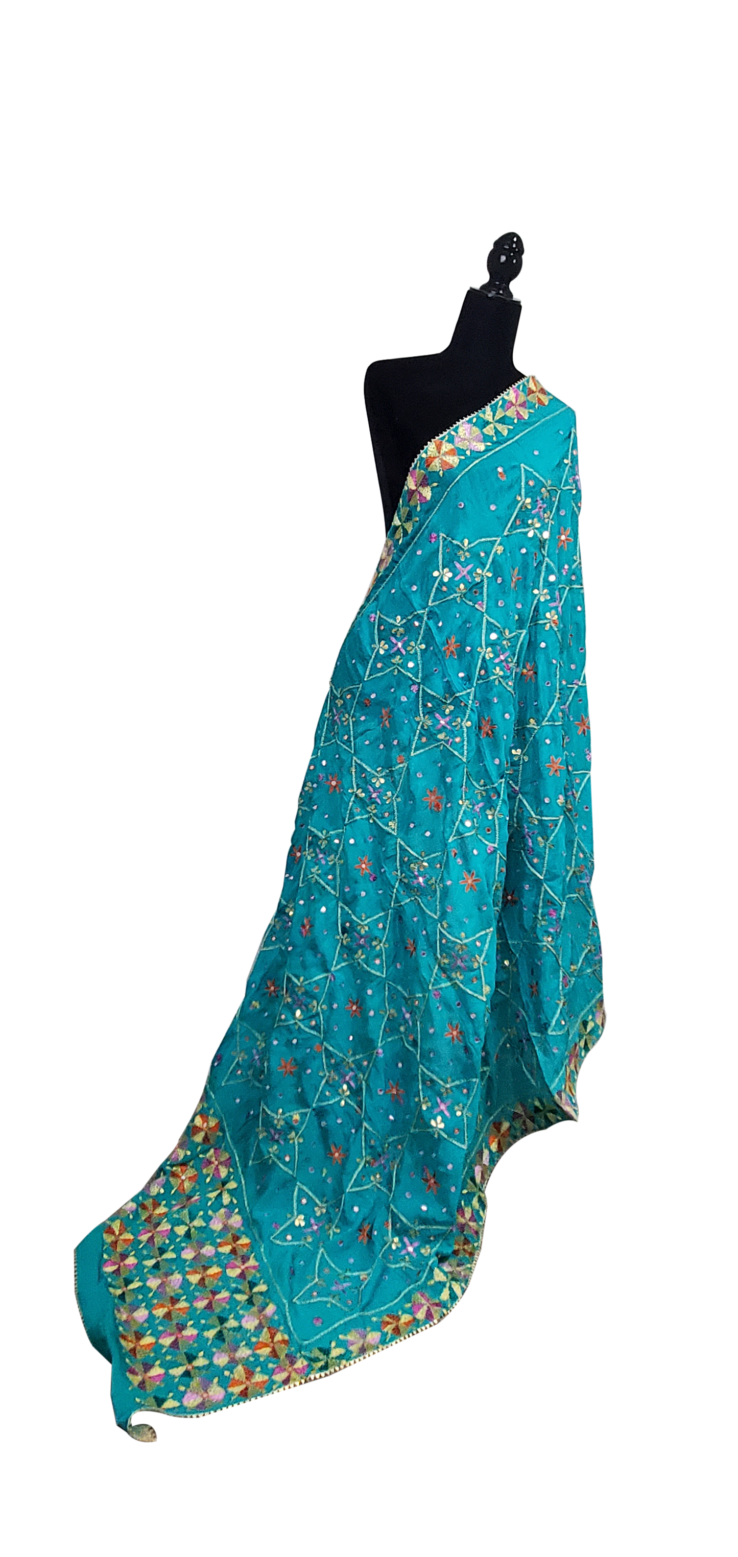 Sea Green Pure Chinon Phulkari Duppatta Silk, Sitara, Gotta Patti, Mirror and Thread Work.
