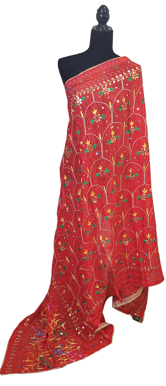 Red Woolen Shawl Multi Color Phulkari
