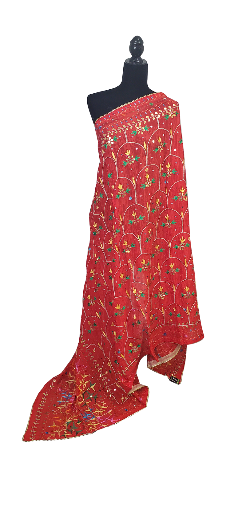 Red Semi Chinon Duppatta Mirror, Sitara, Gotta Patti, Silk and Thread Work Done