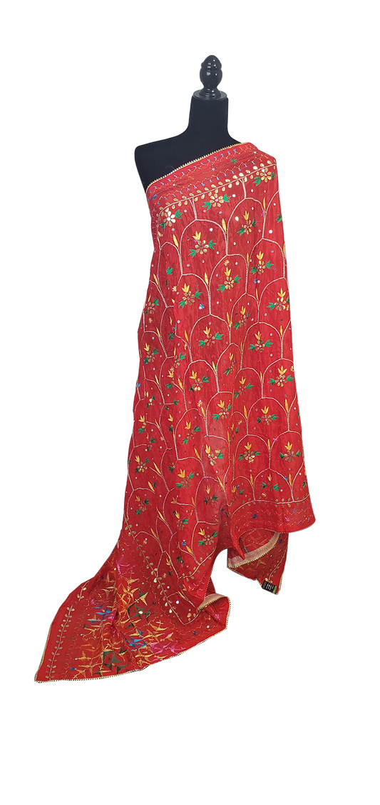 Red Semi Chinon Duppatta Mirror, Sitara, Gotta Patti, Silk and Thread Work Done