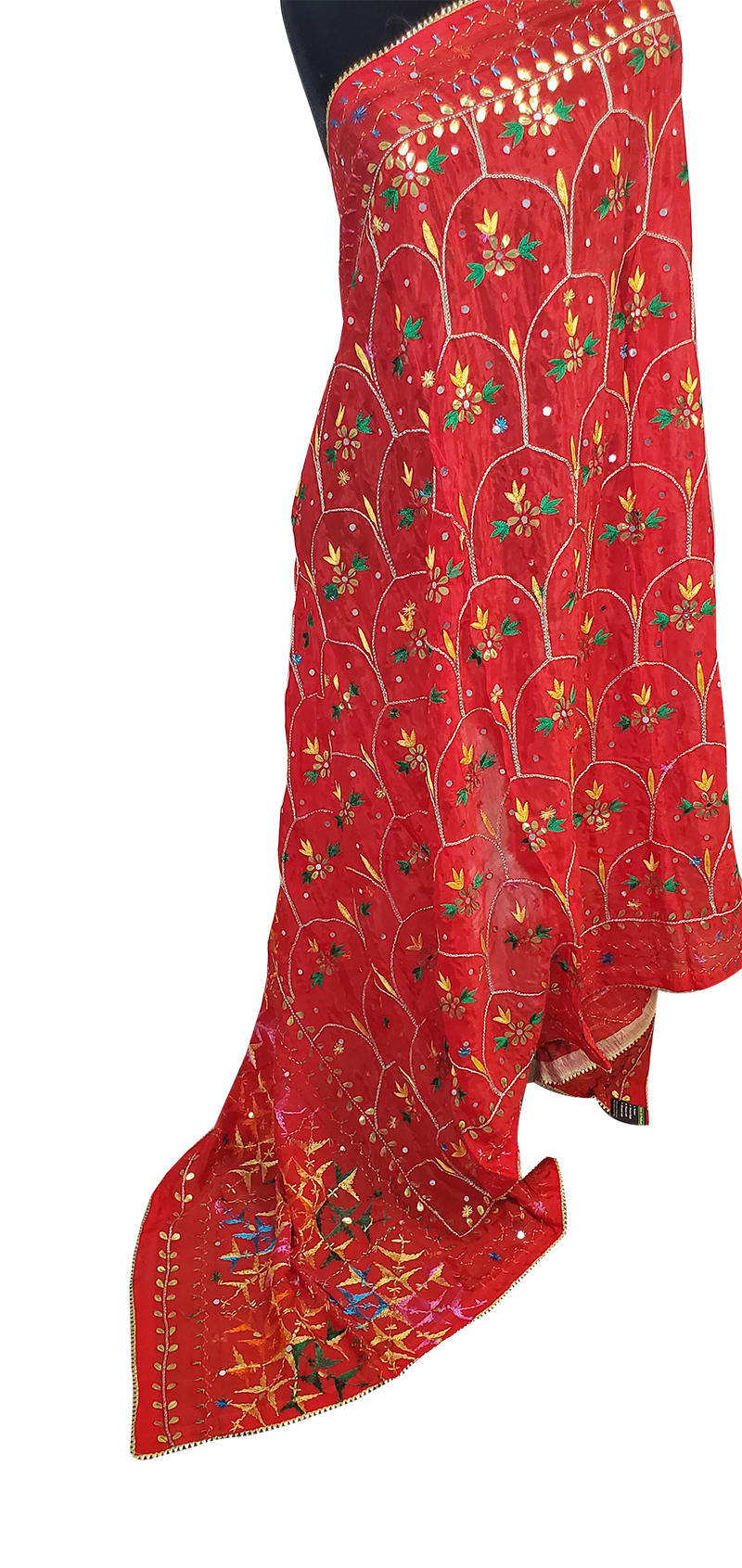 Red Semi Chinon Duppatta Mirror, Sitara, Gotta Patti, Silk and Thread Work Done