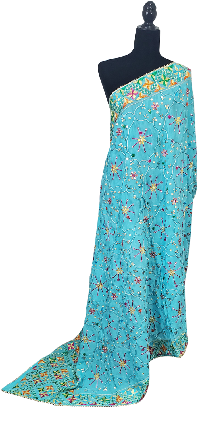 Turquoise Blue Pure Chinon Duppatta Mirror, Sitara, Gotta Patti, Silk and Thread Work Done