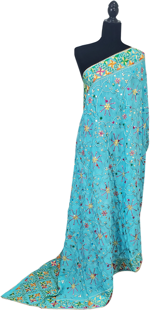 Turquoise Blue Pure Chinon Duppatta Mirror, Sitara, Gotta Patti, Silk and Thread Work Done